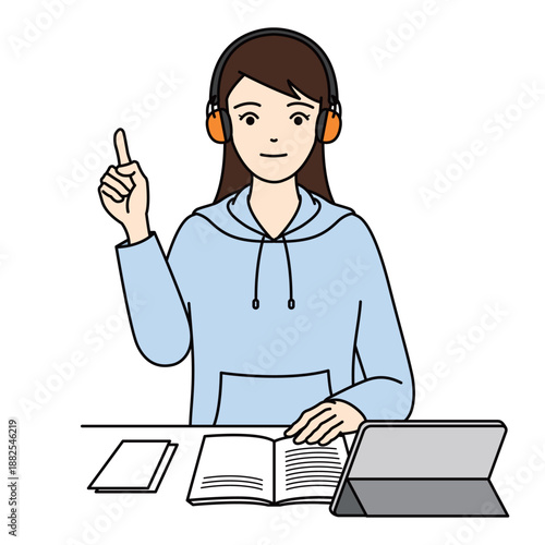 Young woman wearing earmuffs pointing up to explain a point while studying