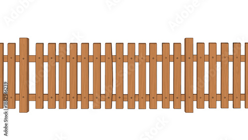 Long wooden picket fence made of vertical brown planks arranged in a row to create a garden border on a white background scene.