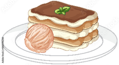 Italian Tiramisu Cake with a Scoop of Ice Cream on Plate