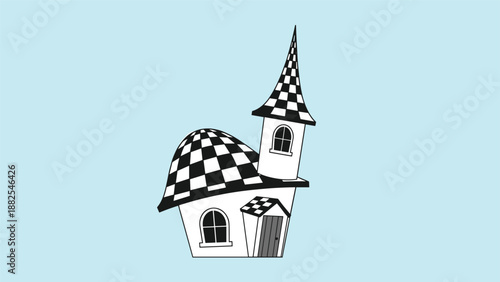 Whimsical cartoon house with black and white checkered patterns on the roof and a tall pointed spire on light blue background.