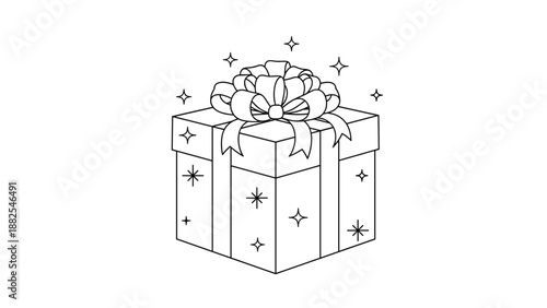 Minimalist line drawing of a wrapped gift box decorated with a large ribbon bow and small stars for a celebratory occasion.