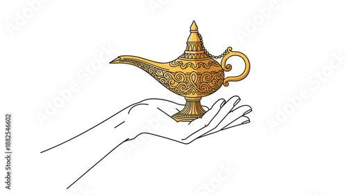 Golden magic lamp with intricate engraved patterns held by a minimalist white hand illustration against a plain background.
