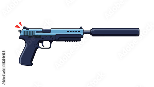Blue semi-automatic handgun equipped with a long black silencer and red alert marks indicating a high stakes tactical action.