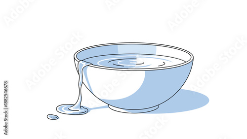 Simple blue bowl filled with fresh water spilling over the edge onto the floor with droplets splashing in a clean environment.