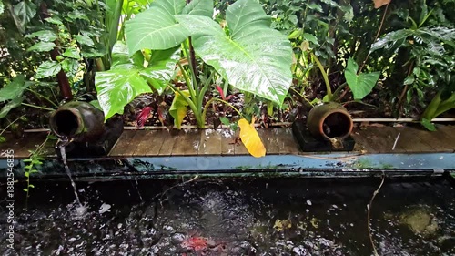 Water feature with two rustic clay pots spilling water into a bubbling pond surrounded by lush green tropical plants and foliage.