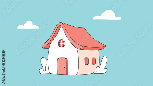 Peaceful cartoon house with a red roof and white walls situated under a clear blue sky with fluffy white clouds and greenery.