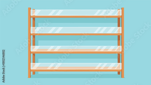 Empty wooden bookshelf with four glass shelves against a light blue wall providing a clean space for organization or storage.