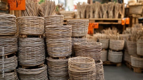 Stacks of woven reed baskets in different sizes and shapes displayed for sale
