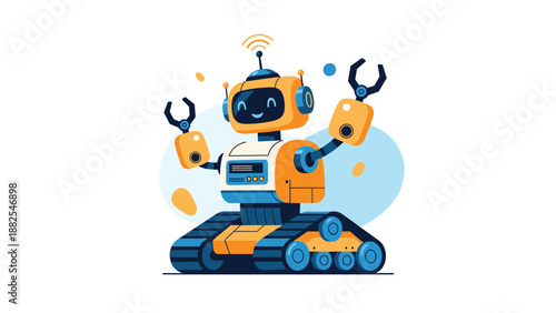 Friendly orange and blue robot with treads for wheels and claw hands waving happily in an abstract tech themed environment.