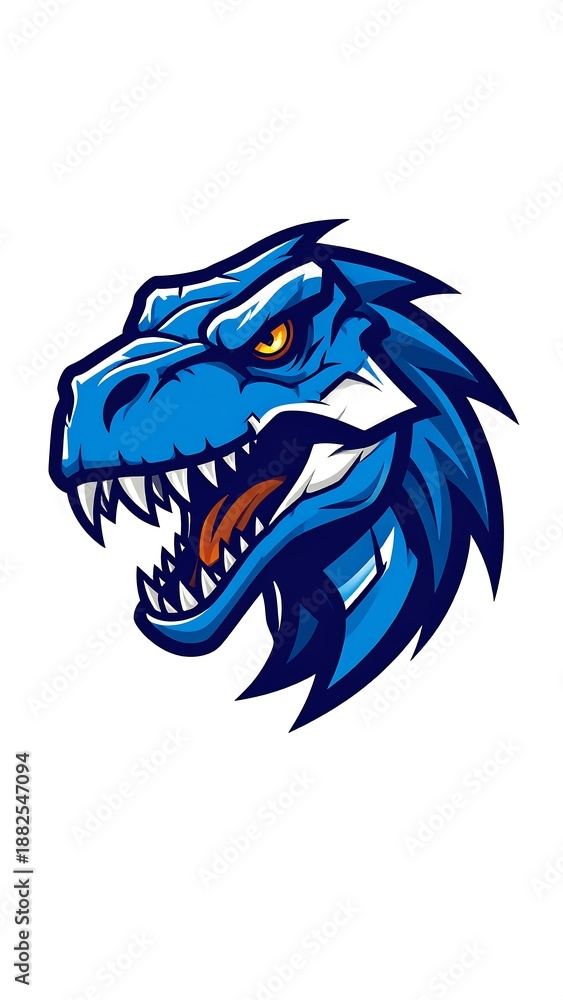 Naklejka premium A fierce, blue, stylized dinosaur head with glowing orange eyes and sharp teeth, set against a pristine white background. The creature is ready