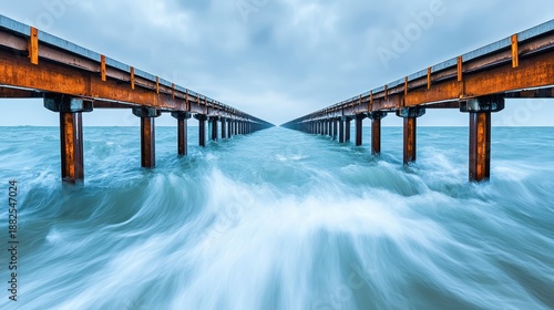 Submerged Bridges Extending Into The Ocean Under Cloudy Skies
