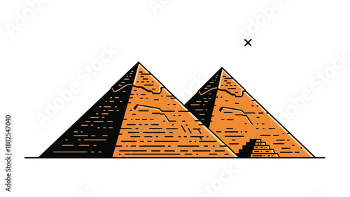 Minimalist line art illustration of the great pyramids of egypt in the desert under a clear sky with a single small mark.