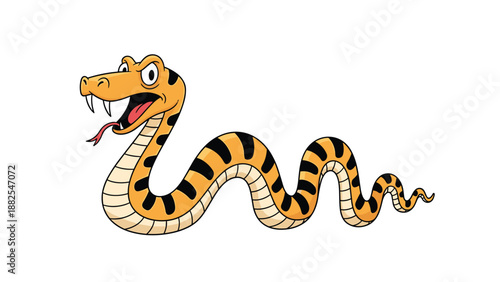 Angry cartoon snake with orange and black stripes showing its fangs and sticking out its tongue in a threatening pose.
