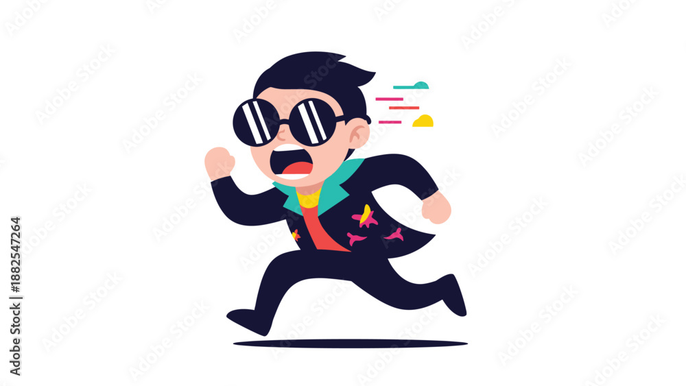 Fototapeta premium Energetic cartoon man wearing sunglasses and a black jacket running at high speed across a blank white background space.