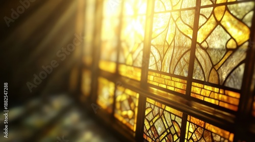 Sunlight streams through ornate abstract stained glass panels in an interior architectural setting
