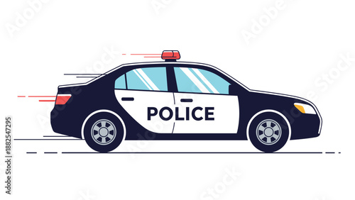 Black and white police cruiser car driving fast with speed lines indicating a high speed chase or emergency response situation.