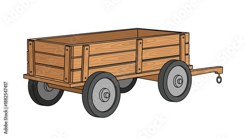 Traditional wooden farm wagon with four grey wheels and a hitch for hauling loads in a rural or historic setting illustration.