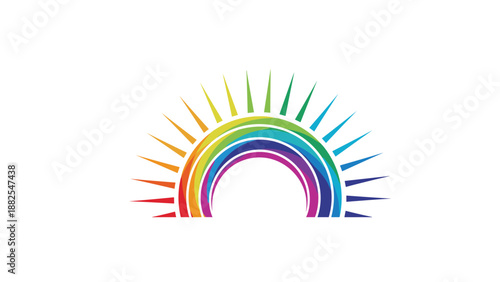 Abstract colorful rainbow arc made of overlapping segments with pointed rays radiating outwards for a vibrant sun like logo.