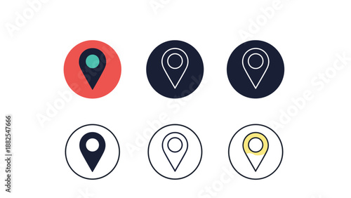 Set of six different map pin icons with various colors and styles used for location marking on navigation and digital apps.