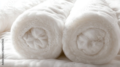 Two thick rolls of soft white insulation material with a fluffy texture are stacked closely together