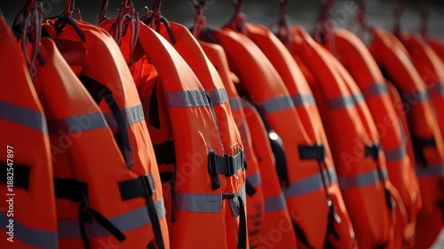 Vibrant orange life vests neatly hung on hooks ready for safety equipment