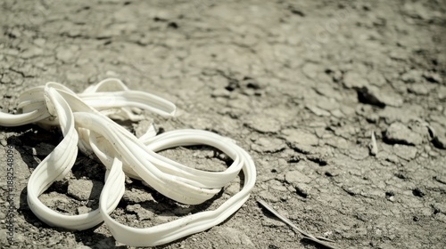 White industrial plastic tubing discarded on cracked dry ground outdoors