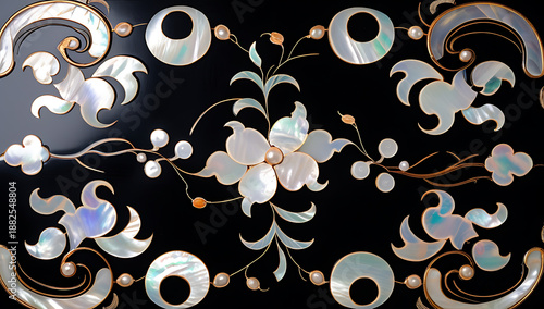 Korean mother-of-pearl patterns. Korean Lacquerware Pattern Design, featuring intricate Mother-of-Pearl Inlay on a rich black Lacquer background, crafted by traditional Korean Najeonchilgi