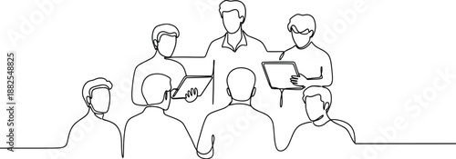 Team meeting and discussion with colleagues in office .