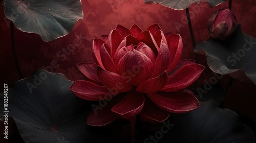 Vibrant red lotus in dark waters