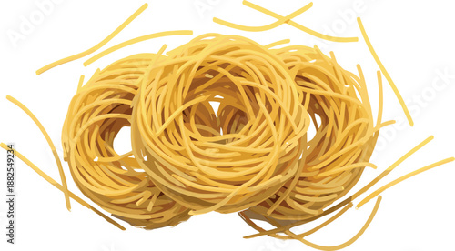 Realistic yellow pasta nests vector illustration featuring dried Italian egg noodles isolated on white background for authentic Mediterranean restaurant menu and gourmet food packaging design.