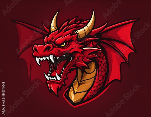 A fierce red dragon head with open mouth, sharp teeth, and golden horns, depicted with a focused and intimidating expression
