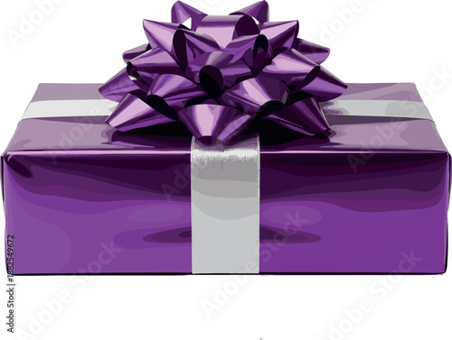Elegant purple gift box vector illustration with white ribbon and decorative bow isolated on white background for birthday holiday and celebration greeting card design.