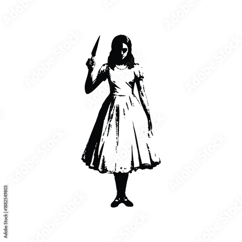 Black and white vintage engraving illustration of a mysterious woman holding a knife, full body pose hand drawn vector style