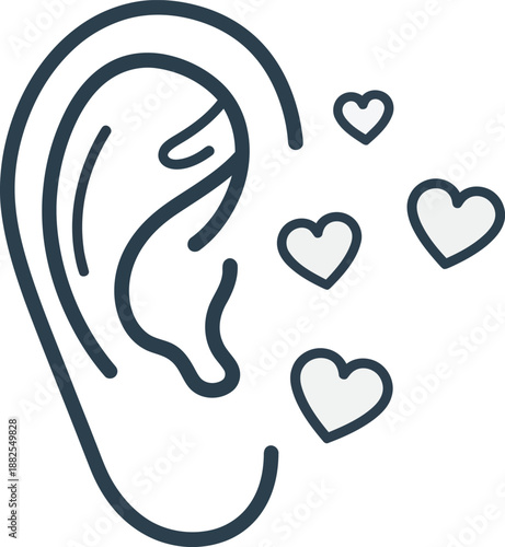 Flat two-color ear icon with floating hearts for World Hearing Day care awareness vector