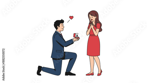 Man on one knee proposing to a woman with a ring.