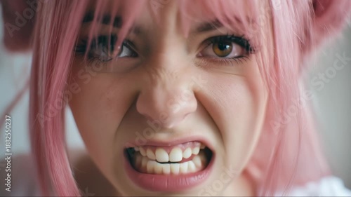 Close up angry woman pink hair snarling expression