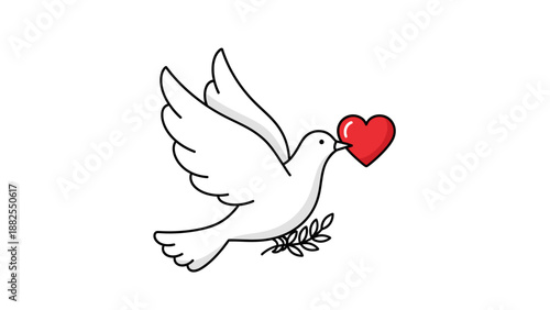 White dove flying with red heart and olive branch illustration.