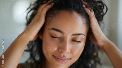 Serene close up portrait woman practicing relaxation