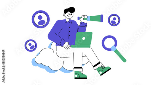 Male professional sitting on a cloud using a laptop and telescope to find new market leads