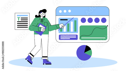 Female presenter pointing at a digital dashboard showing bar graphs and growth curves for an audience