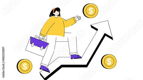 Ambitious female professional carrying a briefcase while walking up a rising arrow toward financial prosperity