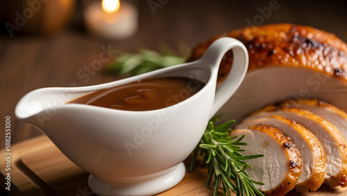 Thick brown gravy sauce poured in a white ceramic boat next to sliced roasted turkey and fresh rosemary