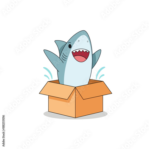 Cute cartoon shark popping out of a cardboard box with open arms, surprised and happy