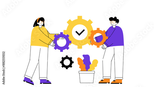 Male and female coworkers working together to synchronize gears for better organizational workflow