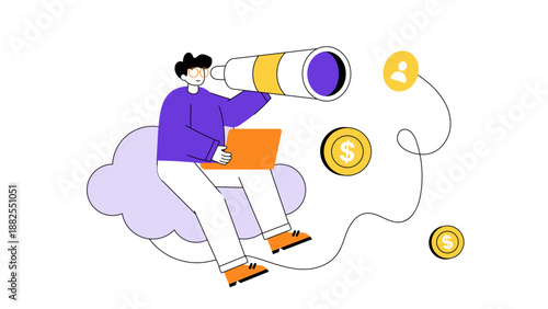 Professional sitting on a cloud while using a telescope to scout for new market opportunities and clients