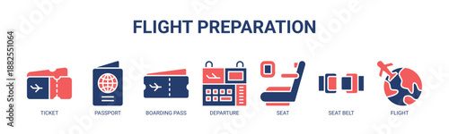 Flight Preparation web banner icon vector illustration concept for pre-flight passenger process with icon of ticket, passport, boarding pass, departure, seat, seat belt, flight.