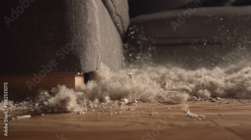Cozy Living Room Scene with Couch and Fluffy White Cushion Filling on Floor