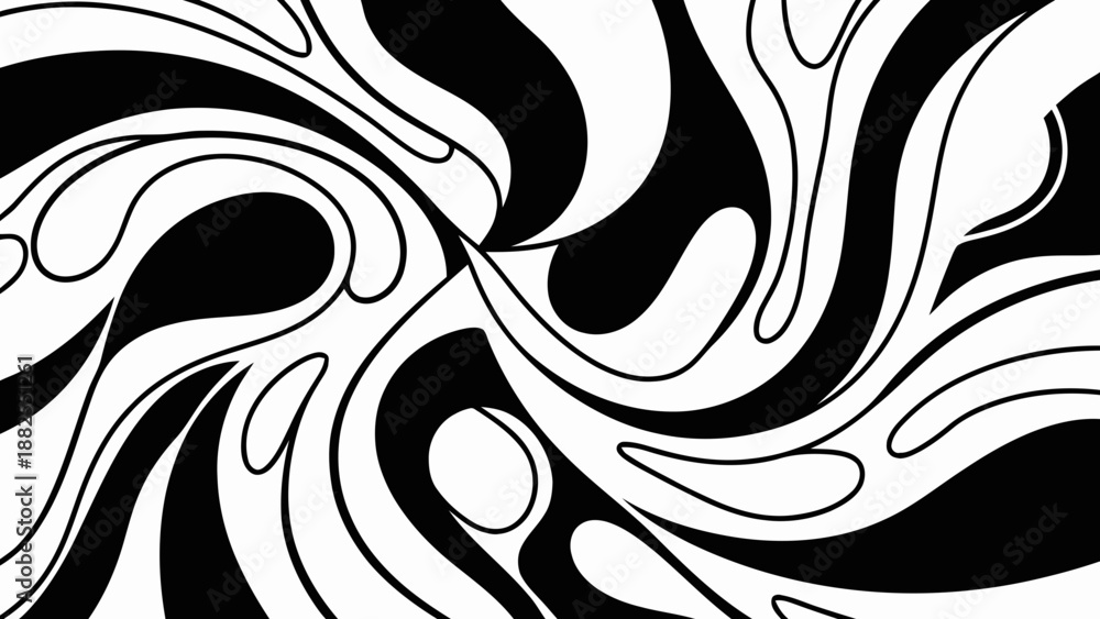 Fototapeta premium Black and white abstract illustration with swirling patterns and shapes.