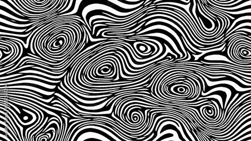 A black and white illustration of a swirling abstract pattern with wavy lines and circles.