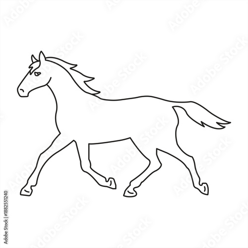 Horse icon, running or galloping with black outline, isolated on transparent background, Side view, Curved lines, Coloring book page, vector illustration.

